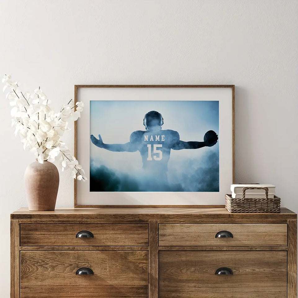 [1pc Customizable Football Poster] 1pc Customizable Football Canvas Poster - Your Name & Number, Modern Sports Wall Art, Perfect Gift for Dad, Husband, Son - Ideal for Bedroom, Living Room, Home Office Decor, Frameless, Footb June Wall Art