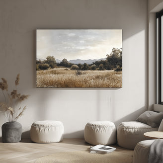 Golden Meadow and Mountain View Canvas Print - Rustic Landscape Wall Art for Cozy Home Decor