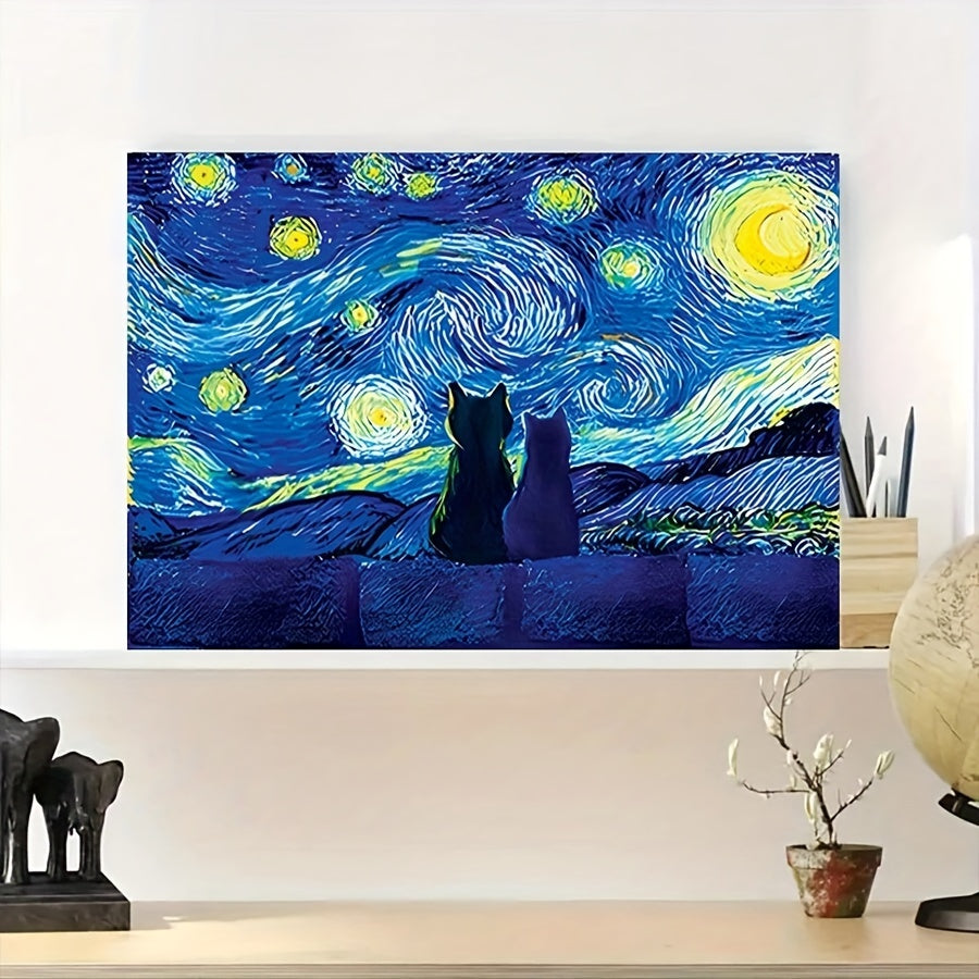 1pc Frameless Retro Encaustic Art Canvas Painting - Whimsical Cat Under The Stars Art Print for Bathroom, Bedroom, Home Office, Kitchen, Living Room Wall Decor - Unique Animal Print Artwork for Fall and Winter Seasons