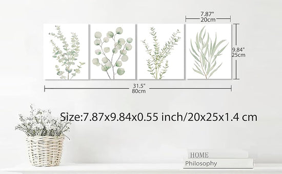 Erctoo Botanical Plant Canvas Wall Art, Framed Boho Wall Decor for Bathroom, Minimalist Aesthetic Bedroom Wall Art, Sage Green Eucalyptus Leaf Prints for Office, Set of 4PCS, 8”X10” https://www.amazon.com/dp/B0CFG2YPPX