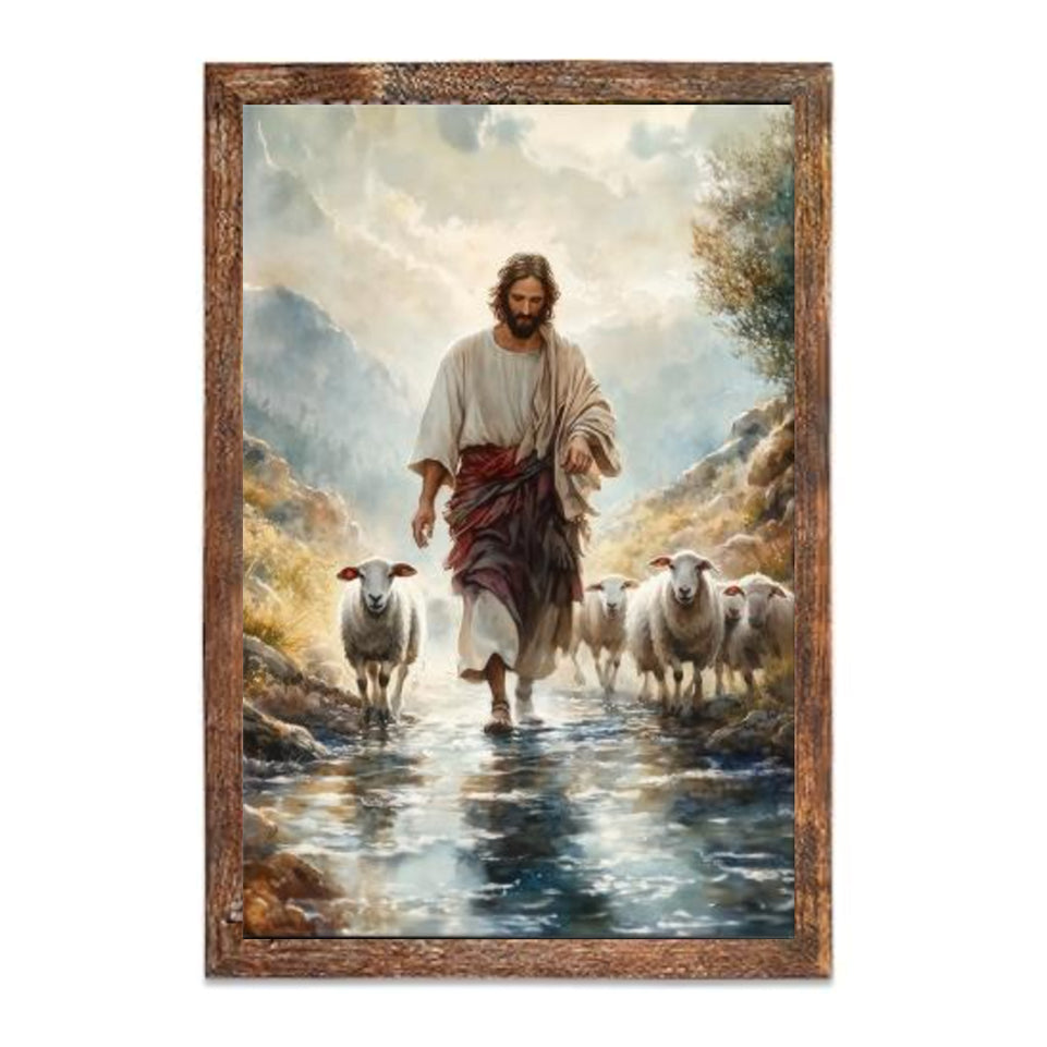 Jesus Shepherding Sheep Canvas Print - Inspirational Christian Wall Art for Faithful Home Decor