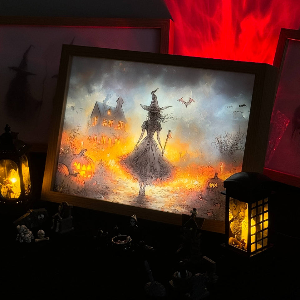 Witch’s Night Light Up Painting – Spooky Halloween Framed Wall Art for Home Decor