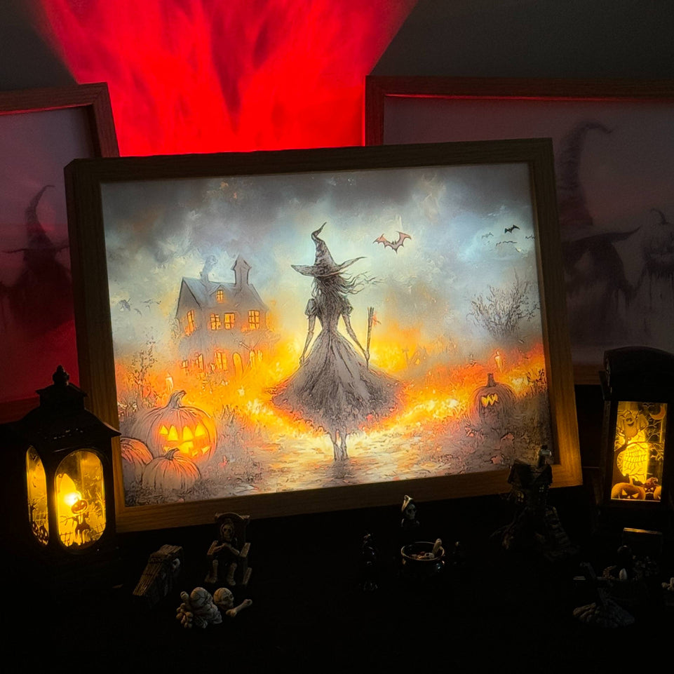 Witch’s Night Light Up Painting – Spooky Halloween Framed Wall Art for Home Decor