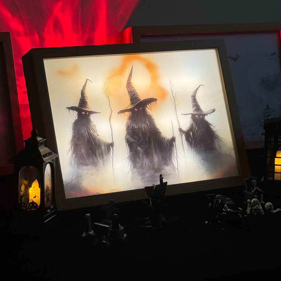 Witch Trio Light Up Painting – Spooky Framed Wall Art for Halloween Home Decor