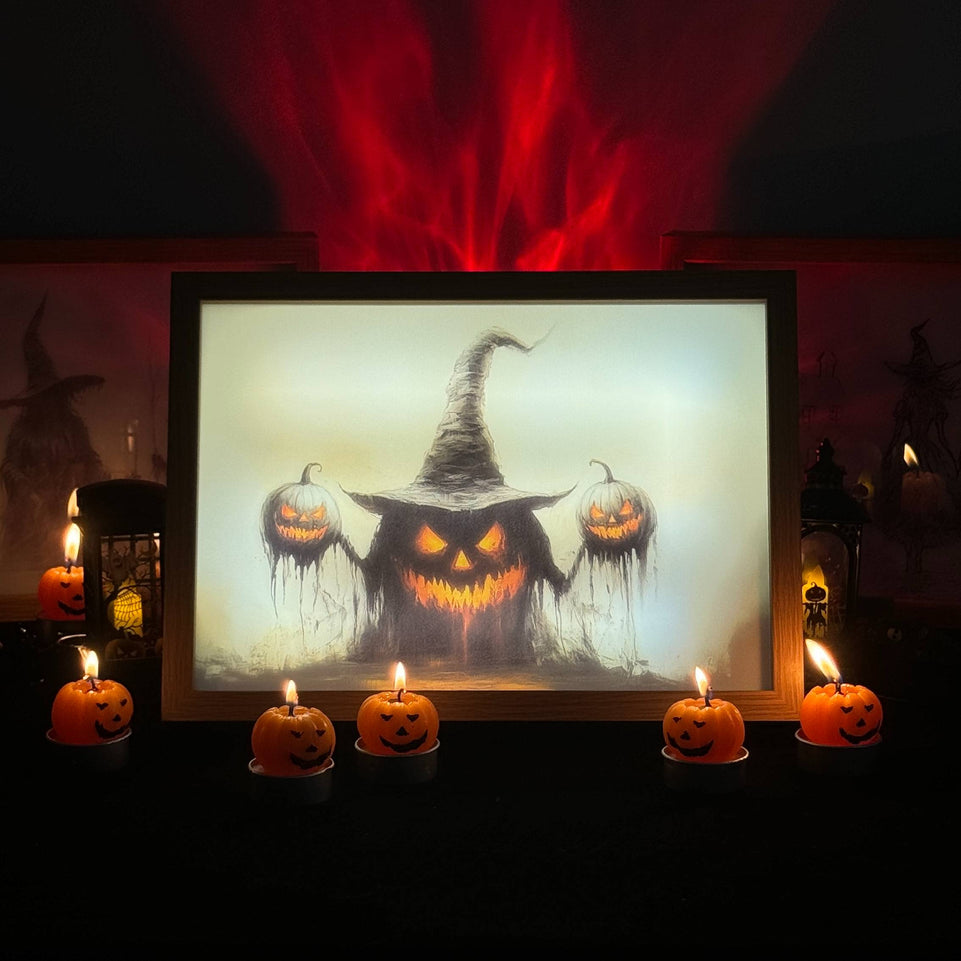 Pumpkin Witch Light Up Painting – Creepy Halloween Framed Wall Art for Spooky Decor