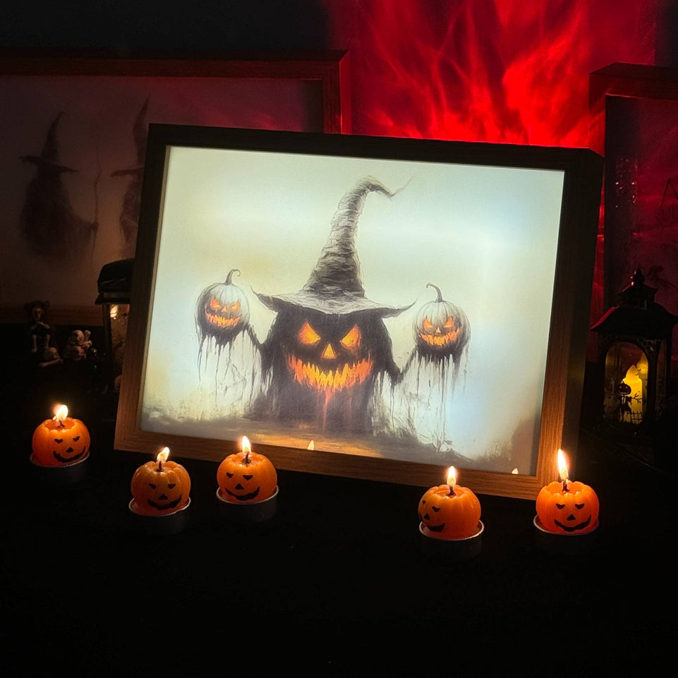 Pumpkin Witch Light Up Painting – Creepy Halloween Framed Wall Art for Spooky Decor