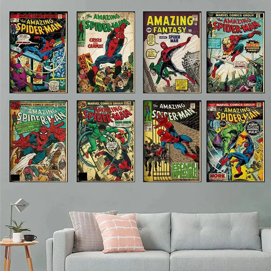 Vintage Comics Superhero Marvel Spiderman Posters and Prints Canvas Painting Wall Art Decoration Pictures for Boy Bedroom Decor June Wall Art