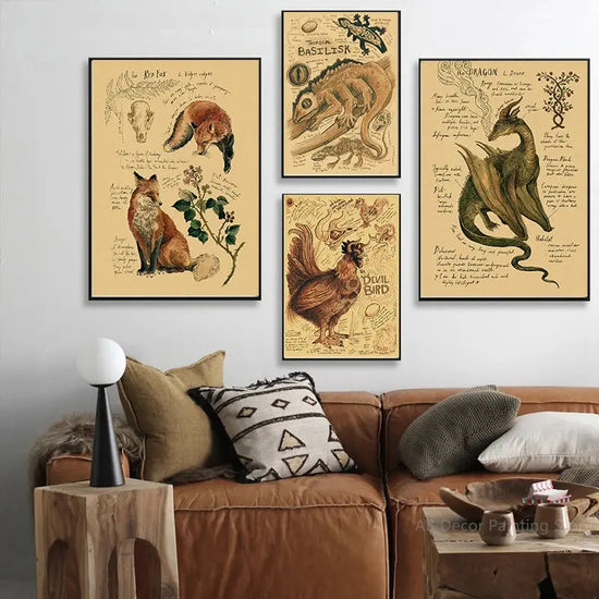 Retro Dragon//Fox/Dog/Wolf/Bird/Bear Posters Prints Nostalgic Animal Natural Study Vintage Home Room Art Wall Decor Painting June Wall Art