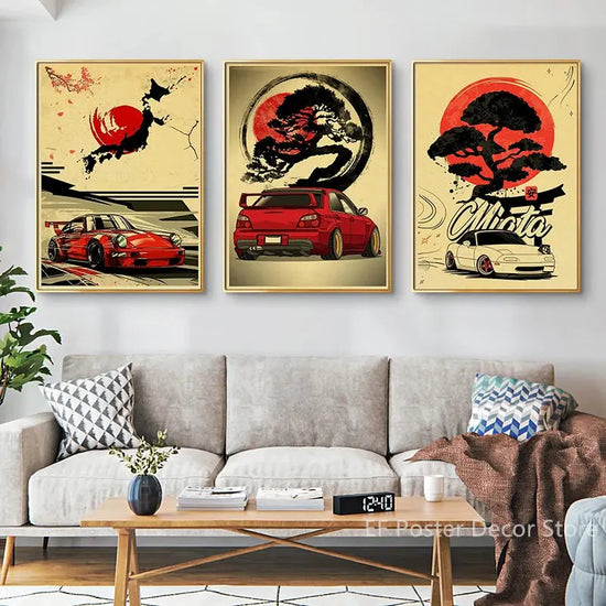 Japanese Cars Samurai Poster Painting Japan Racing Home Club Decor Wall Picture Vintage Aesthetic Jdm Car Gtr Anime Moon Printis June Wall Art
