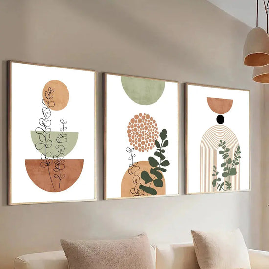 3pcs Modern Boho Abstract Shape Plant Poster Print Mid Century Bohemian Style Geometry Botanical Art Painting Wall Decor Picture June Wall Art