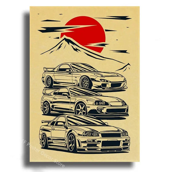 Japanese Cars Samurai Poster Painting Japan Racing Home Club Decor Wall Picture Vintage Aesthetic Jdm Car Gtr Anime Moon Printis June Wall Art