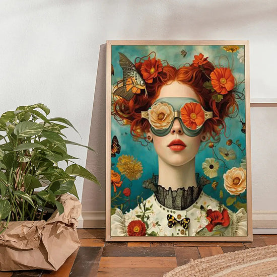Nordic Boho Fashion Glasses Woman With Flowers Wall Art Canvas Painting Butterfly With Girl Portrait Poster Prints Mural Picture June Wall Art