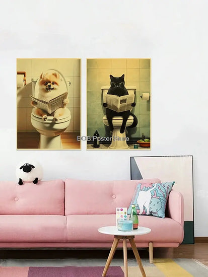 Animal Bathroom Toilet Funny Poster Kraft Paper Cat Dog Frog Art Home Decor Picture DIY Toilet Room Painting Wall Sticker Gift June Wall Art