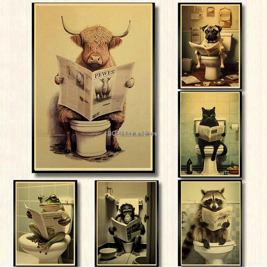 Animal Bathroom Toilet Funny Poster Kraft Paper Cat Dog Frog Art Home Decor Picture DIY Toilet Room Painting Wall Sticker Gift June Wall Art