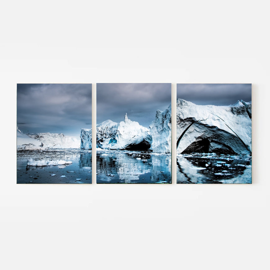 Arctic Glacier Triptych Canvas Print - Icy Blue Polar Landscape | Set of 3 Wall Art for Modern Home Decor