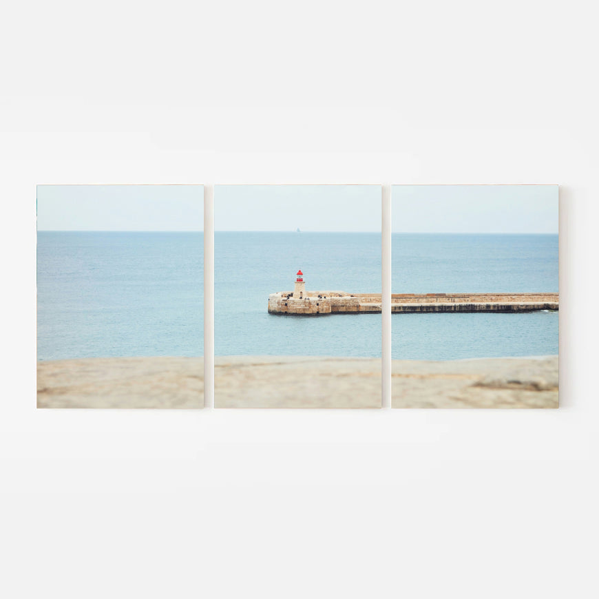 Coastal Lighthouse Canvas Print - Triptych Wall Art | Serene Ocean View with Lighthouse | 3-Panel Split Canvas Decor