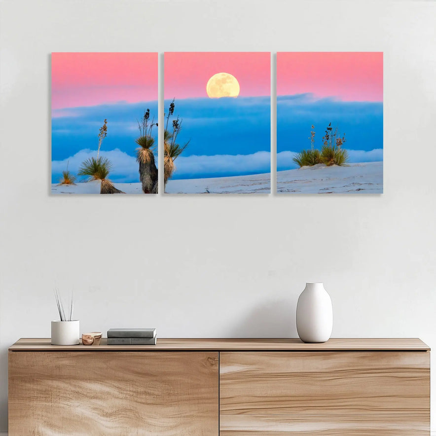 Moonrise Over Desert Triptych Canvas Print - Pink and Blue Sky Landscape | Set of 3 Wall Art for Tranquil Home Decor June Wall Art