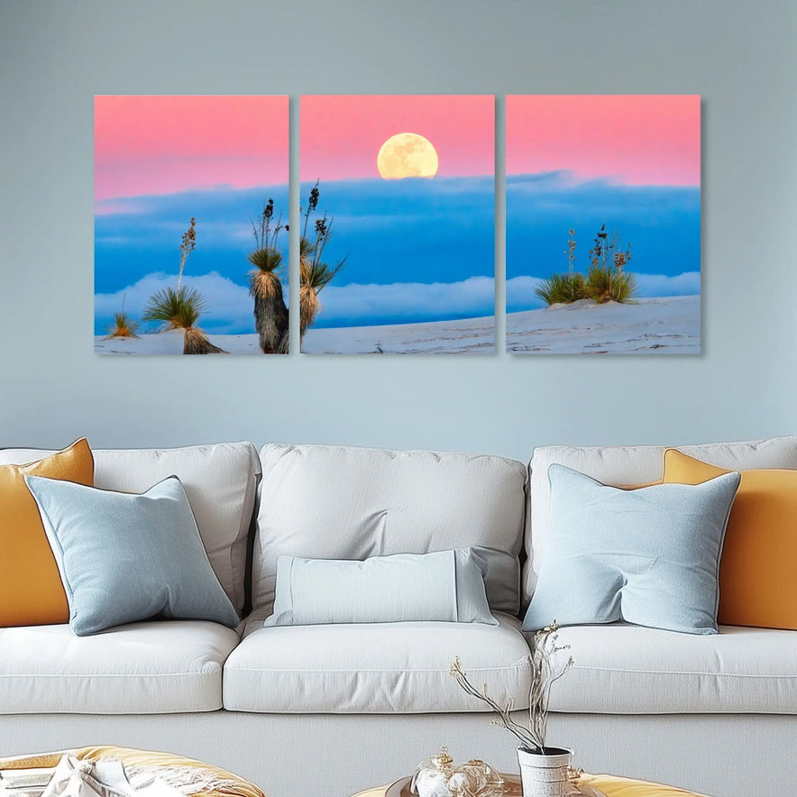Moonrise Over Desert Triptych Canvas Print - Pink and Blue Sky Landscape | Set of 3 Wall Art for Tranquil Home Decor June Wall Art