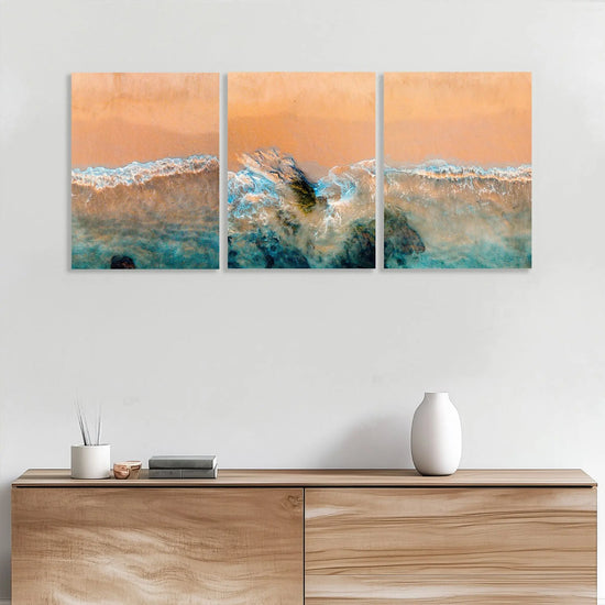 Aerial Beach Waves Triptych Canvas Print - Coastal Shoreline Aerial View | Set of 3 Ocean Wall Art Decor June Wall Art