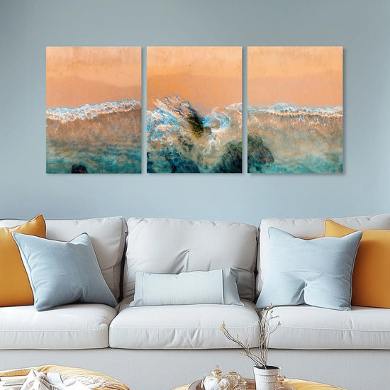 Aerial Beach Waves Triptych Canvas Print - Coastal Shoreline Aerial View | Set of 3 Ocean Wall Art Decor June Wall Art
