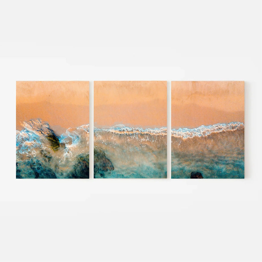 Aerial Beach Waves Triptych Canvas Print - Coastal Shoreline Aerial View | Set of 3 Ocean Wall Art Decor June Wall Art