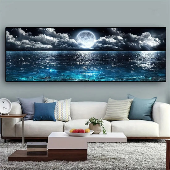 [1pc Modern Ocean Poster] 1pc Canvas Poster, Modern Art, Modern Abstract Ocean And Night Moon Landscape, Oil Painting, Ideal Gift For Bedroom, Decor Wall Art, Wall Decor, Fall Decor, Wall Decor, Room Decor, Room Decoration, N June Wall Art