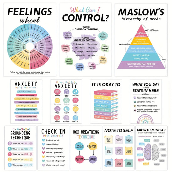 [12 Mental Health Posters Inspirational] 12pcs Mental Health Posters, Office Decor, Counseling Office Must Haves School Counselor Supplies, Mental Health Wall Art Decor Home Office Classroom Inspirational Positive Poster (10" June Wall Art