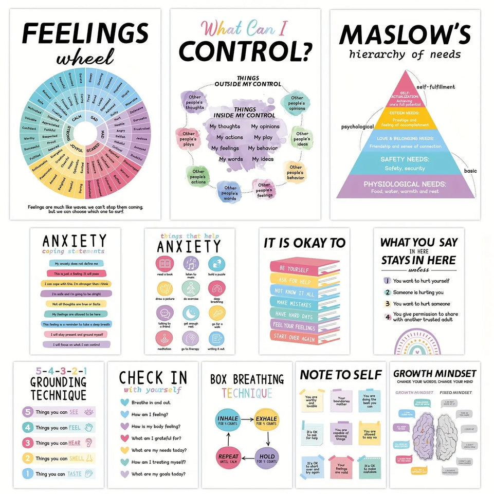 [12 Mental Health Posters Inspirational] 12pcs Mental Health Posters, Office Decor, Counseling Office Must Haves School Counselor Supplies, Mental Health Wall Art Decor Home Office Classroom Inspirational Positive Poster (10" June Wall Art