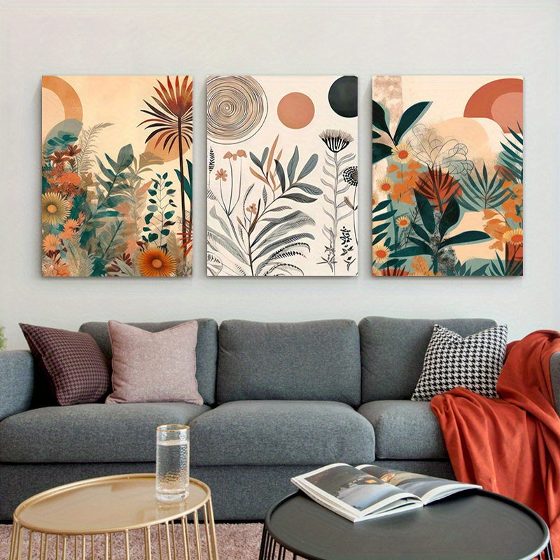 Set of 3 Boho Chic Wooden Framed Canvas Posters - Mid Century Modern Floral Wall Art with Neutral Simple Painting Style - Ideal for Bedroom, Living Room, Kitchen, Bathroom, Hallway, Office, Hotel Decor and Home Decor