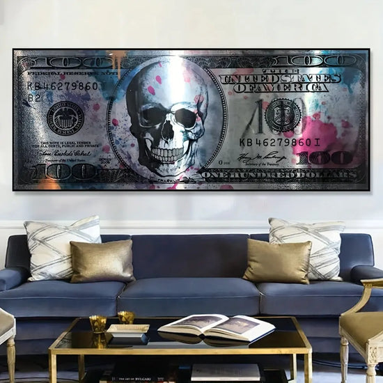 1pc Modern Art Canvas Poster, 50x120cm Unframed Skull and Money Bill Design, Creative 100 Dollar Wall Art Decor for Living Room, Indoor Horizontal Canvas Print June Wall Art