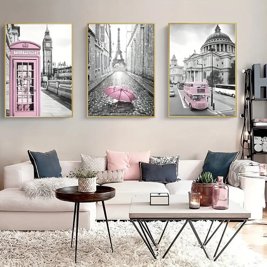 3pcs Canvas Poster, Modern Art, Eiffel Tower Girls Bedroom Decoration, Lightpink Paris Theme Room Decoration Wall Art, Ideal Gift For Bedroom Living Room Corridor, Wall Art, Wall Decor, Fall Decor, Wall Decor, Room Decoration June Wall Art