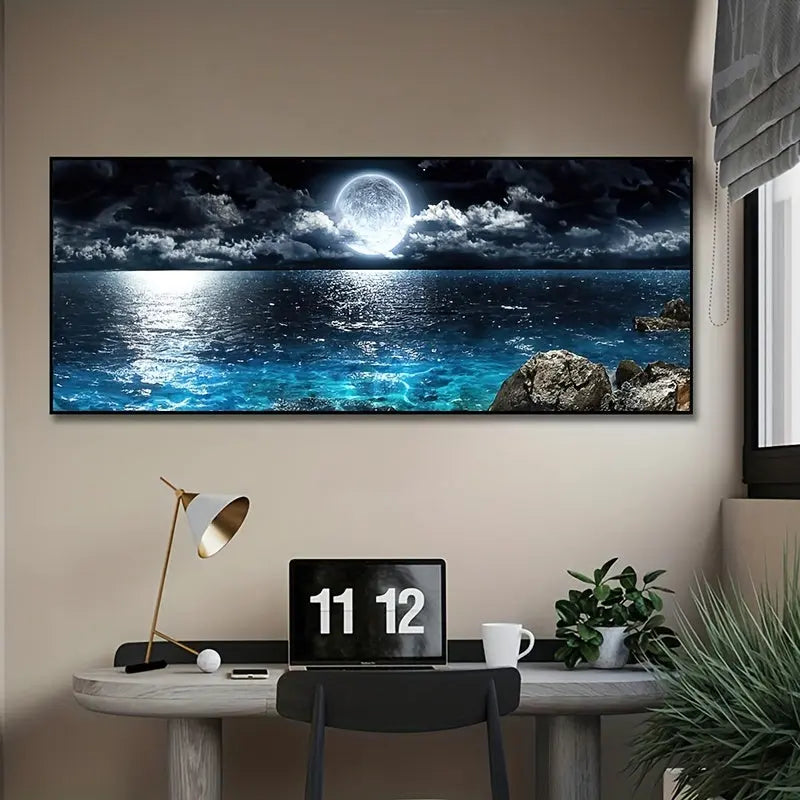 [1pc Modern Ocean Poster] 1pc Canvas Poster, Modern Art, Modern Abstract Ocean And Night Moon Landscape, Oil Painting, Ideal Gift For Bedroom, Decor Wall Art, Wall Decor, Fall Decor, Wall Decor, Room Decor, Room Decoration, N June Wall Art