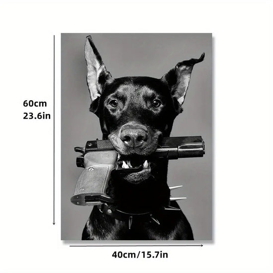1pc Luxury Black and White Doberman and Gun Poster for Nordic Home Decor - Printed Canvas Wall Art Picture - 15.7x23.6in June Wall Art