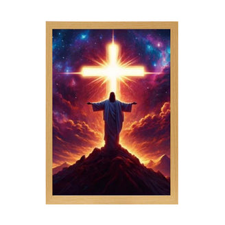 Radiant Christ with Glowing Cross on Mountain - Inspirational Christian Painting Lamp