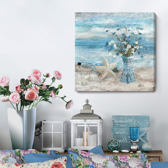 Bathroom Decor Wall Art Blue Beach Picture Ocean Theme Flower Canvas Print Modern Coastal Seascape Painting Framed Seaside Artwork Floral Daisy in Indian Vase for Home Sea Lake Bedroom 14x14inch https://www.amazon.com/dp/B08VH1FZV3