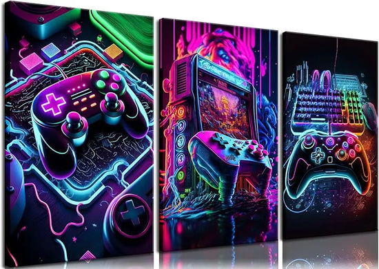 3pcs Game Room Decor Neon Gaming Posters Wall Art Gamer Accessories Theme Canvas Print Game Console Painting Picture for Children Youth Game Boys Bedroom Teen Wall Decor Unframed 12"x16"x3 https://www.amazon.com/dp/B0CPCHHKQD