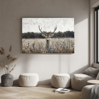 Majestic Deer in Meadow Canvas Print - Rustic Wildlife Wall Art for Nature-Inspired Home Decor