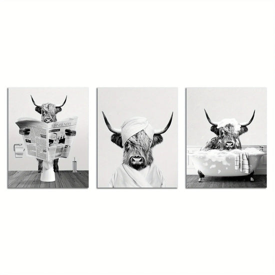 3pcs/set Funny Highland Cow Wall Art In Bathtub, Black And White Canvas Cow In Bathroom Picture, Humor Animals Bathroom Artwork Prints Rustic Farmhouse Style Wall Decor For Living Room,Bedroom, Kids Bathroom Decor, 12x16 Inch June Wall Art