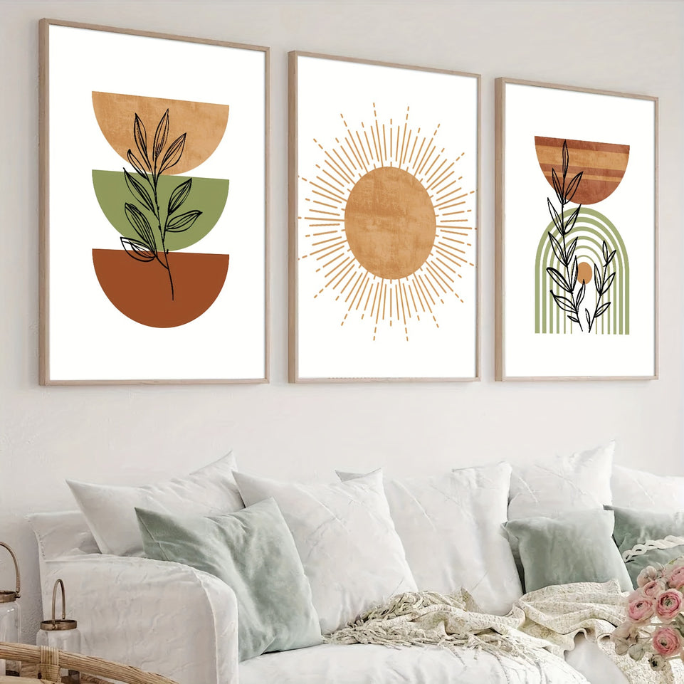 Set of 3 Vibrant Mid Century Boho Art Posters - Unframed Canvas Prints with Geometric Botanical Designs - Ideal for Modern Home Decor, Living Room, Bedroom, Apartment, and Office Walls