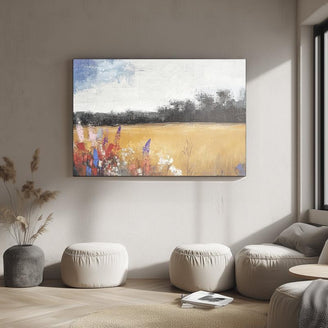 Abstract Wildflowers and Wheat Field Canvas Print - Colorful Landscape Wall Art for Modern Rustic Decor