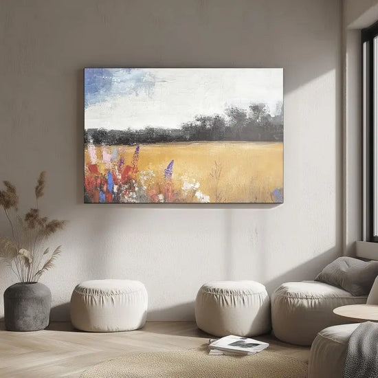 Abstract Wildflowers and Wheat Field Canvas Print - Colorful Landscape Wall Art for Modern Rustic Decor June Wall Art