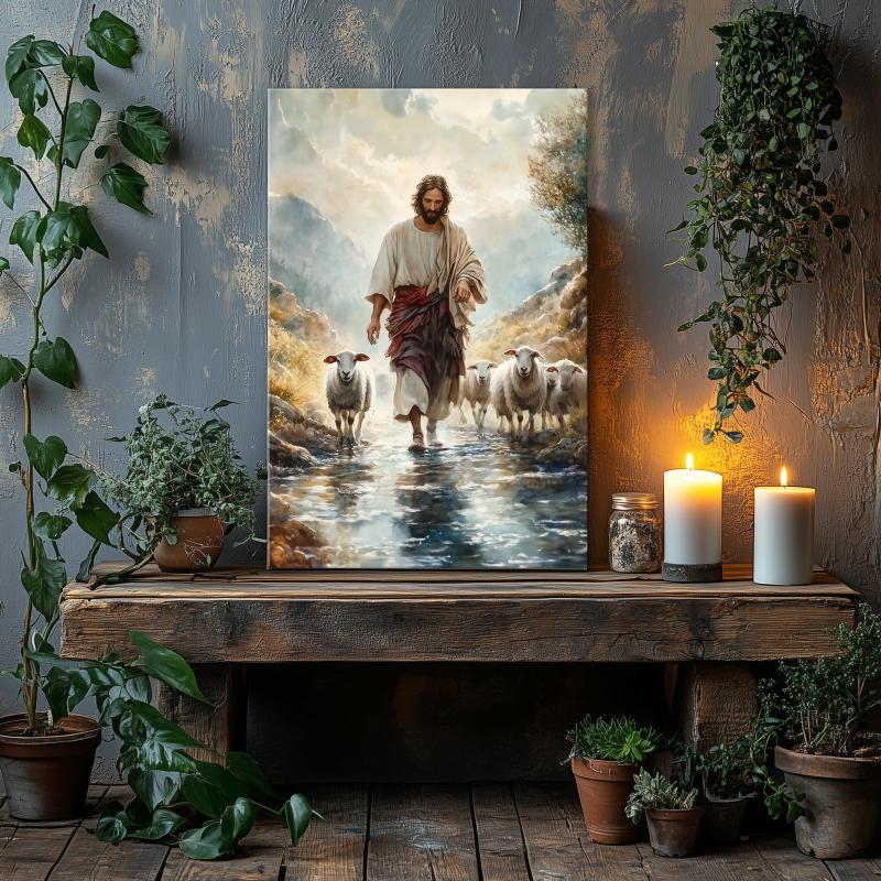 Jesus Shepherding Sheep Canvas Print - Inspirational Christian Wall Art for Faithful Home Decor