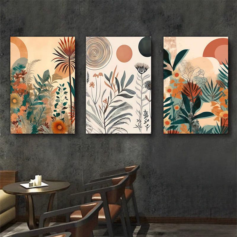 Set of 3 Boho Chic Wooden Framed Canvas Posters - Mid Century Modern Floral Wall Art with Neutral Simple Painting Style - Ideal for Bedroom, Living Room, Kitchen, Bathroom, Hallway, Office, Hotel Decor and Home Decor