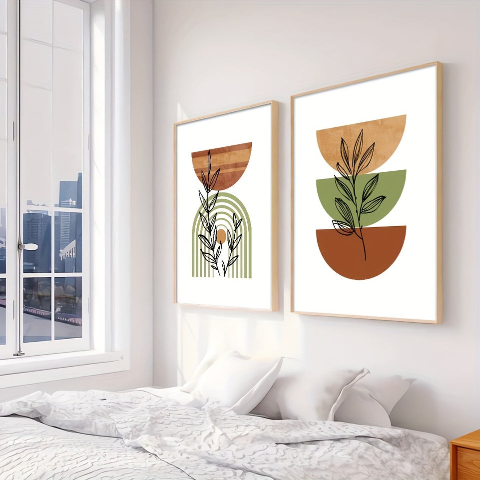 Set of 3 Vibrant Mid Century Boho Art Posters - Unframed Canvas Prints with Geometric Botanical Designs - Ideal for Modern Home Decor, Living Room, Bedroom, Apartment, and Office Walls