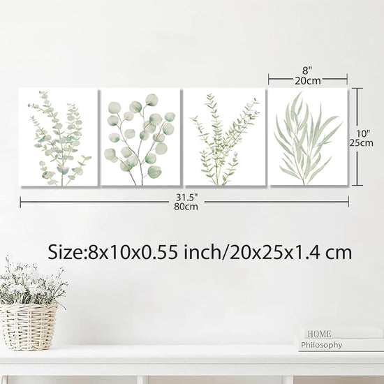 Erctoo Botanical Plant Canvas Wall Art, Framed Boho Wall Decor for Bathroom, Minimalist Aesthetic Bedroom Wall Art, Sage Green Eucalyptus Leaf Prints for Office, Set of 4PCS, 8”X10” https://www.amazon.com/dp/B0CFG2YPPX