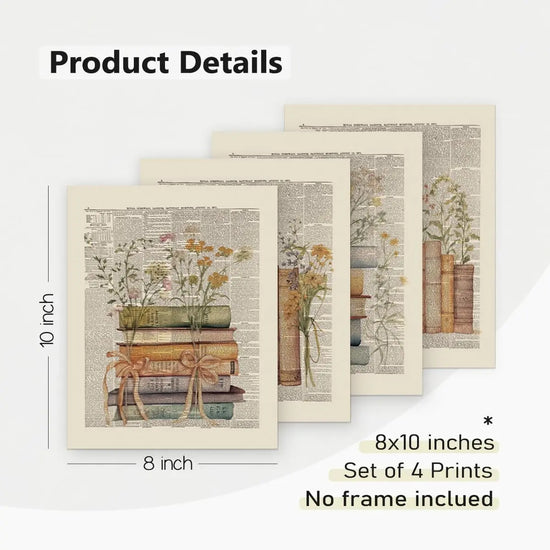 PLKMN Vintage Book Art Wall Decor 8x10, Book Club Decorations, Library Decor, Retro Floral Book Wall Art for Reading Room Classroom Nursery, Book Lovers Gifts, Set of 4 Unframed https://www.amazon.com/dp/B0CZQ3KRK9