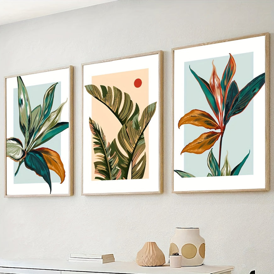 Set of 3 Frameless Colorful Tropical Botanical Canvas Poster Print Floral Leaves Wall Painting Picture for Bedroom, Living Room, Office, Modern Home Decoration, Gift