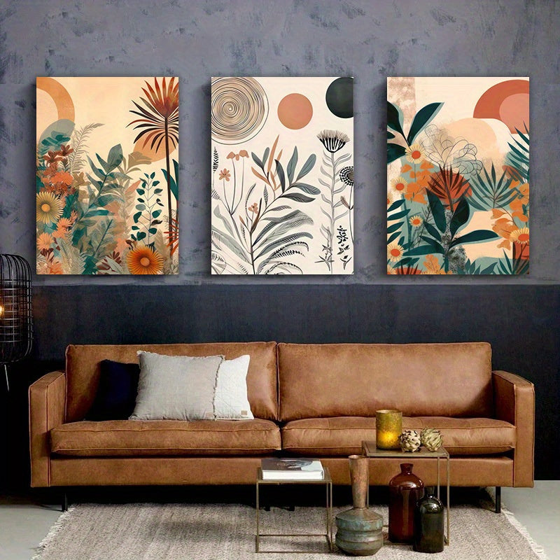 Set of 3 Boho Chic Wooden Framed Canvas Posters - Mid Century Modern Floral Wall Art with Neutral Simple Painting Style - Ideal for Bedroom, Living Room, Kitchen, Bathroom, Hallway, Office, Hotel Decor and Home Decor