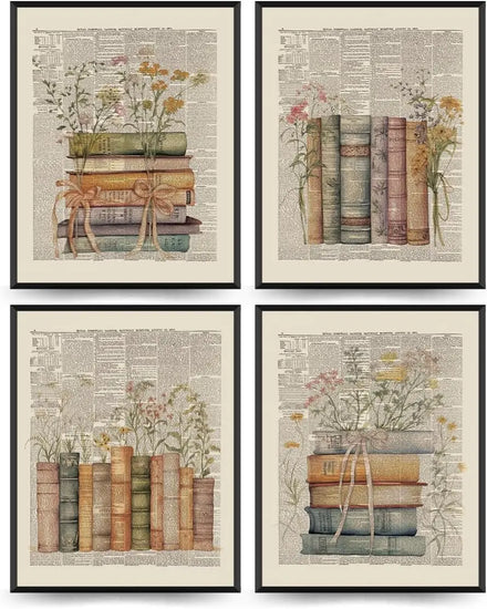 PLKMN Vintage Book Art Wall Decor 8x10, Book Club Decorations, Library Decor, Retro Floral Book Wall Art for Reading Room Classroom Nursery, Book Lovers Gifts, Set of 4 Unframed https://www.amazon.com/dp/B0CZQ3KRK9