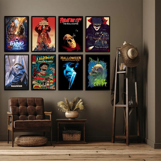 8pcs Unframed Halloween Vintage Horror Movie Posters Set, Classic Scary Movie Art Prints Horror Movie Character Wall Art Posters, For Home Living Room Bedroom Man Cave Theater Decor June Wall Art